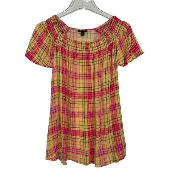 Torrid Smocked Crew Neck Plaid Blouse Pink Yellow Gauze Size 2 - Picture 2 of 10